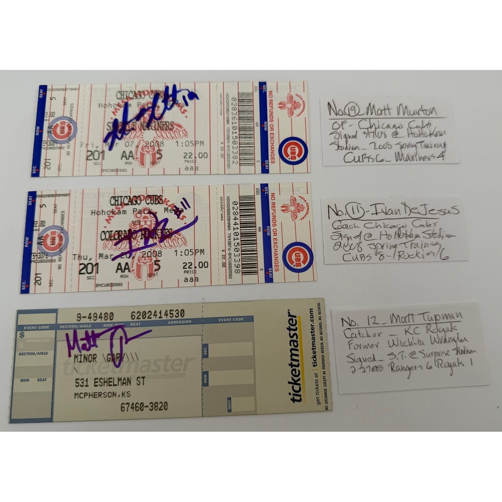 3pc Signed Baseball Ticket Lot Matt Murton Ivan DeJesus Matt Tupman 2008 Cubs KC